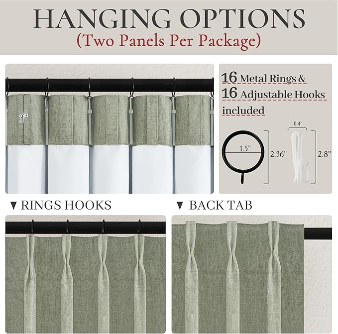 Sage Green 54 Inches Length Blackout Linen Short Curtains for Living Room/Bedroom/Kitchen, Pinch Pleated Small Boho Light Green Drapes Viral Dining Window Curtain Thermal Insulated (40"Wx54"L2 Panels)