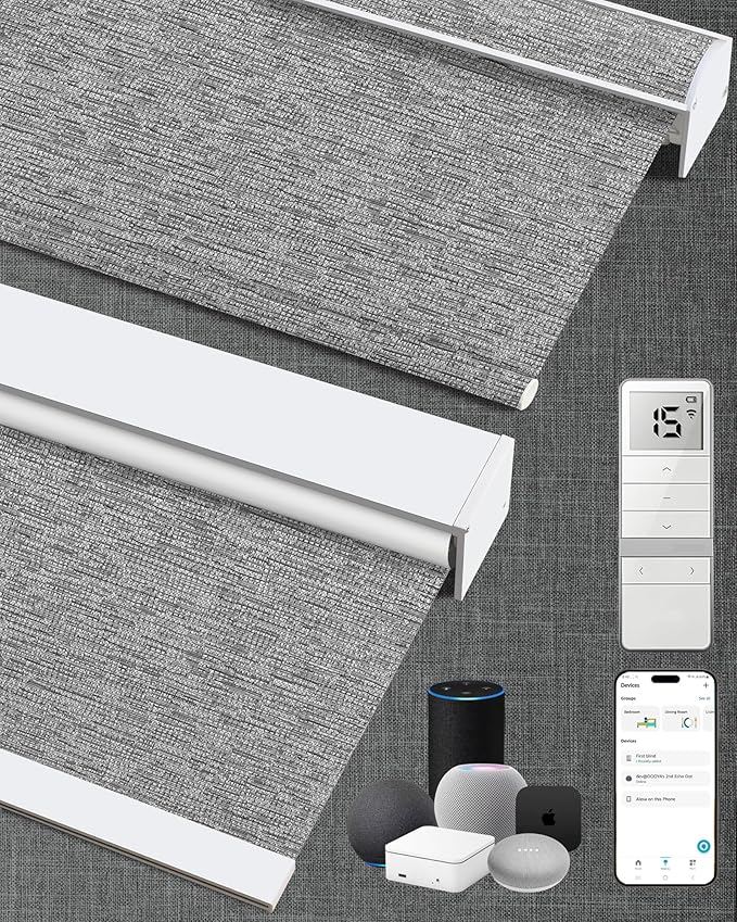 Kincmo Motorized Blinds with Remote,100% Blackout Motorized Roller Shades Work with Apple Homekit,Alexa,Google, Custom Electric Blinds with App,Voice Control (Aqua Waves Grey)