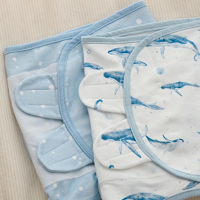 Baby Swaddles for Newborn Organic Cotton,Soft & Snug Newborn Velcro Swaddle 0-3 Months Sleep Sack Helps Calm Startle Reflex, 2-Pack Wrap Nursery Swaddling Blankets Whale