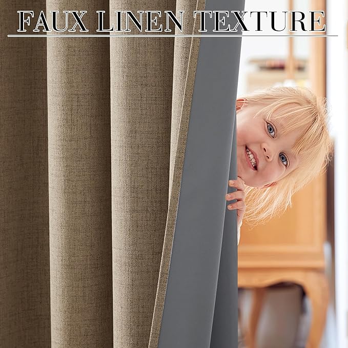 RYB HOME 100% Blackout Linen Textured Curtains for Bedroom, Farmhouse Thermal Insulated Window Curtains for Living Room Dining Patio Sliding Glass Door, Wide 52 x Long 102 inch, Burlap, 2 Panels