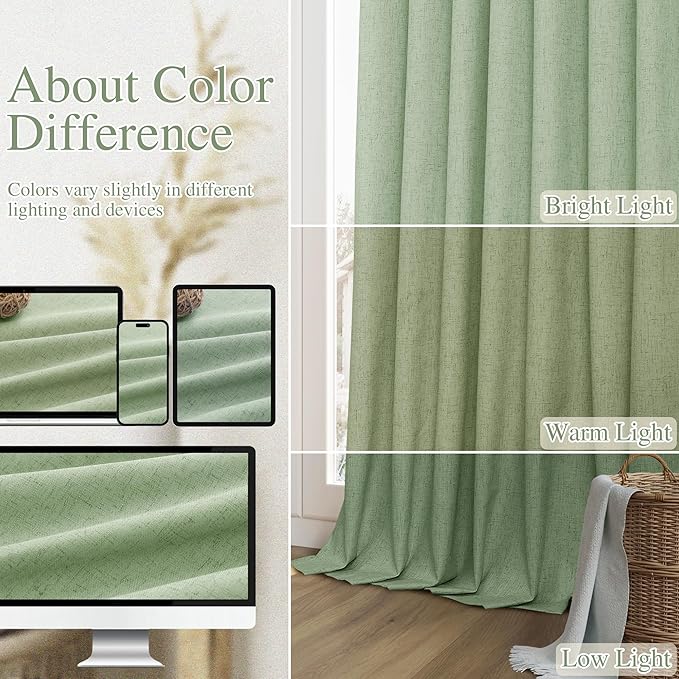 Guken 100% Blackout Linen Curtains 108 Inch Length 2 Panels Set for Living Room Bedroom Back Tab Thermal Insulated Black Out Linen Drapes Room Darkening Window Curtains,Light Sage