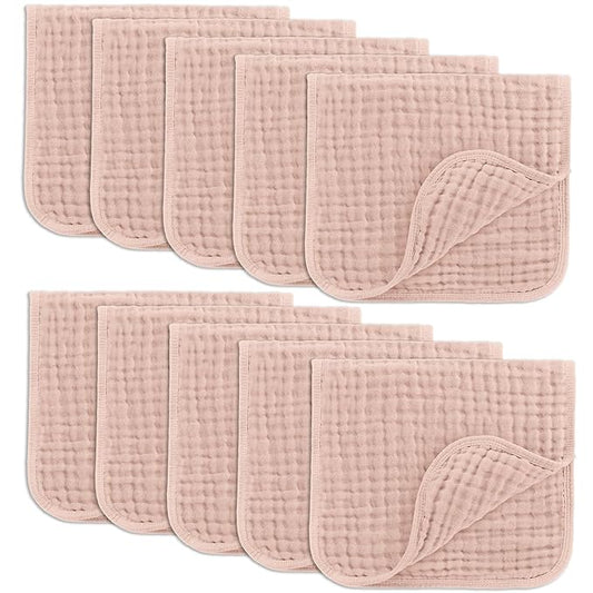 Comfy Cubs Muslin Burp Cloths 20" x 10", Pack of 10 - Large, 6-Layer, Ultra Absorbent 100% Cotton for Baby Drool and Messes - Soft, Safe & Gentle Baby Burp Cloths for Boys & Girls - Blush