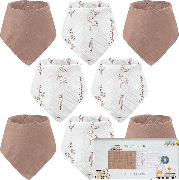 LILY O LAUREL Muslin Baby bibs for drooling and teething, 100% cotton, Bibs for baby girl, Muslin bibs for boys (8 Pack)
