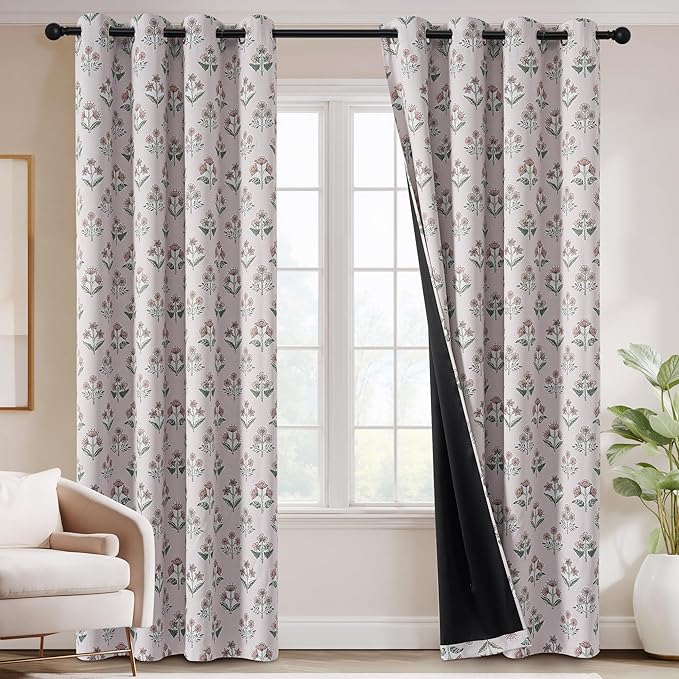 RYB HOME Pink 100% Blackout Floral Curtains 84 Inches Long 2 Panels for Bedroom, Grommet Vintage Flower Patterned Drapes Thermal Insulated Room Darkening for Dining Room Living Room, W52 x L84 inches