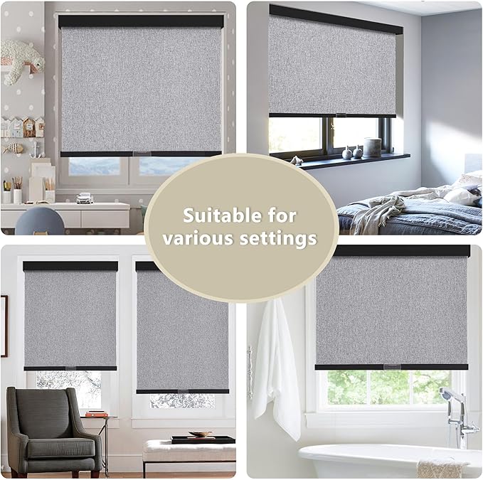 Cordless Blackout Roller Shades Blinds for Windows Free-Stop,Pull Down Room Darkening with Valance,Thermal Insulated Woven Fabric Window Door Blinds for Home,Office,Heather Grey 40" W x 72" H