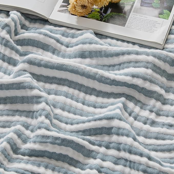EMME Cotton Muslin Large Throw Blanket Couch Breathable Gauze Soft Lightweight Bed Blankets Adults (Striped Teal, 50"x70")