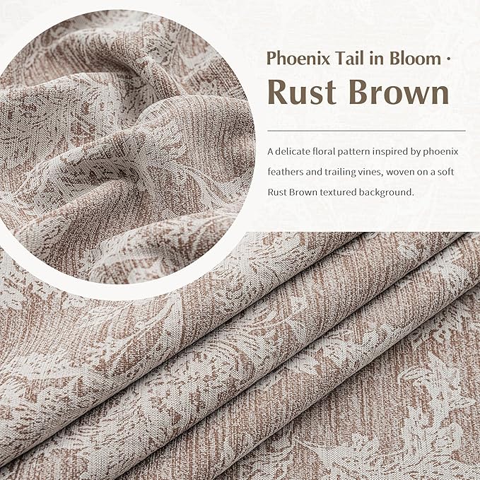FMFUNCTEX Rust Brown Floral Jacquard Blackout Curtains 96 Inches Long for Bedroom, Scroll Flower Chenille Farmhouse Curtains for Living Room Darkening Thermal Insulated Grommet Window Drapes 2 Panels