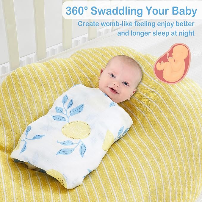 Viviland Muslin Swaddle Blankets, Swaddle Wrap for Boys and Girls, Breathable and Skin-Friendly Baby Receiving Blankets, Baby Essentials, 4-Pack Lemon & Leaves, 47 x 47 inches