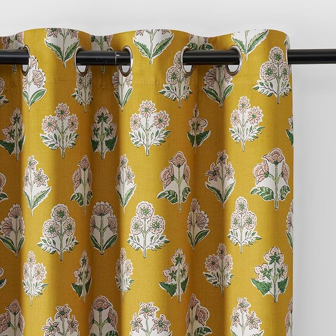 RYB HOME 100% Blackout Mustard Yellow Floral Curtains for Living Room, Patterned Flower Curtains 84 Inches Long, Thermal Insulated Drapes Window Treatment for Bedroom Dining Room, W52 x L84, 2 Panels