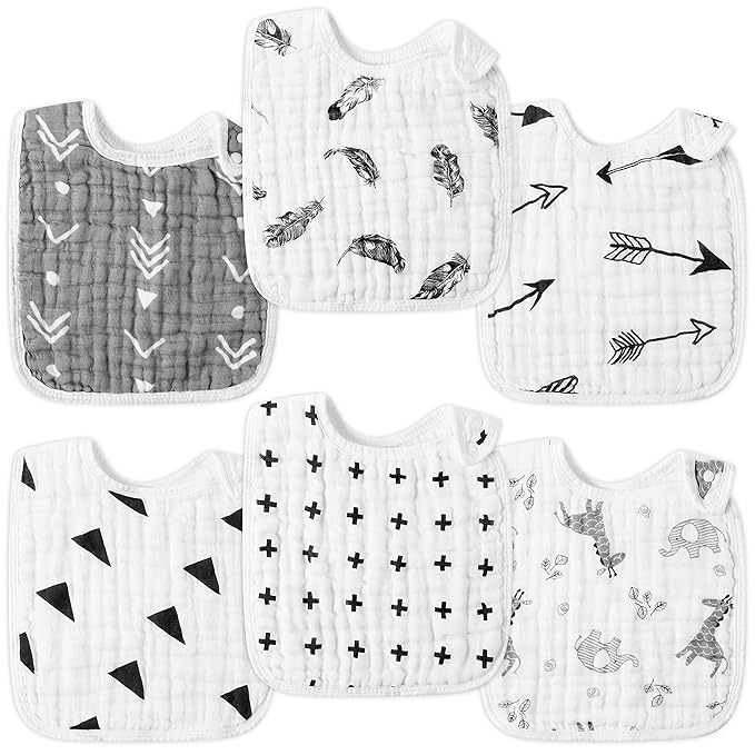 Zainpe 6Pcs Snap Muslin Bibs for Baby Machine Washable Adjustable Unisex Burp Cloths with 6 Absorbent Soft Layers, Animal Pattern Bib for Newborns Toddlers Infants 3 to 36 Months Drooling Teething