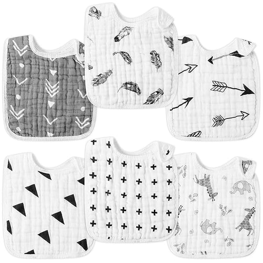Zainpe 6Pcs Snap Muslin Bibs for Baby Machine Washable Adjustable Unisex Burp Cloths with 6 Absorbent Soft Layers, Animal Pattern Bib for Newborns Toddlers Infants 3 to 36 Months Drooling Teething