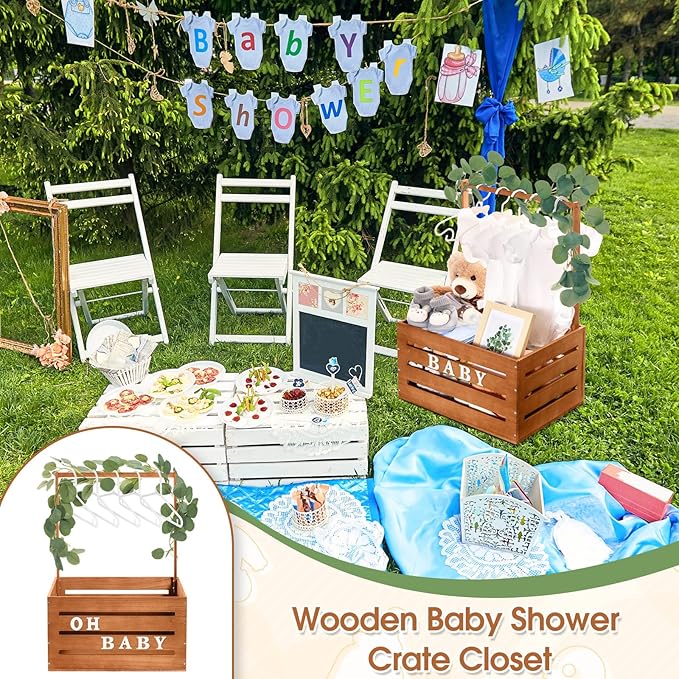 Barydat Wooden Baby Shower Crate Closet, Baby Basket with Handle, Personalized Basket Gifts, Easy Assembly Baskets for Newborn Boy Girl Welcome Gift for New Mom Parents(Brown)