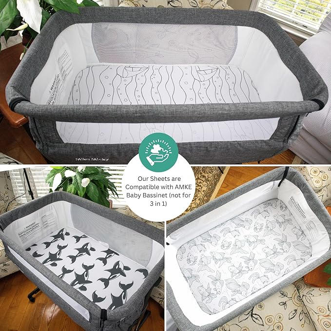 Bassinet Sheets for Baby Delight Beside Me Dreamer, Ronbei, HARPPA, Jimglo, Whiffee by TansyPanda, MUHDUH, 3PC, 33x20 in, Ultra Soft, Breathable Snug Fit, Unisex Boys Girls, Gray White (Ocean Fish)