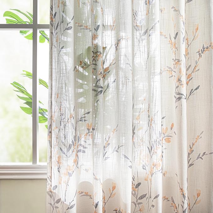 MYSKY HOME Living Room Curtains 95 Inch Length Semi Sheer Curtain Linen Look Floral Farmhouse Light Filtering French Country Window Curtain Panels for Dining Room, Yellow, 2 Pcs