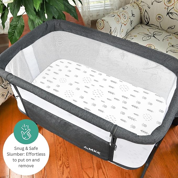 TansyPanda Bassinet Sheets for Bellababy, Besrey, AMKE, and Airclub Bedside Bassinet Sleeper, 3PC, 20 x 33 Inch, Ultra Soft, Breathable, Snug Fit, Unisex Boys, Girls, Gray White (Woodland Rainbow)