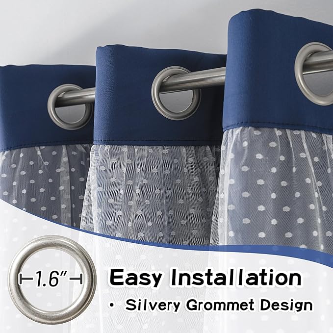 MYSKY HOME Navy Blue Blackout Curtains for Girls Bedroom & Nursery Kids Cute Curtains 63 inch Long Double Layer with Polka Dots Sheer, Grommet Tops, 52" Wide Each Panel, 2 Panels