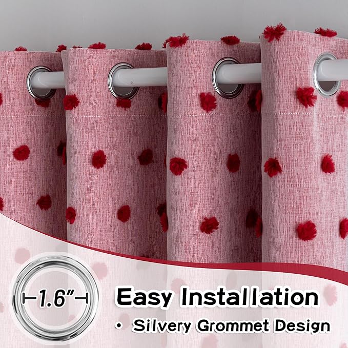 MYSKY HOME Double Layer Curtains for Girls Room Red Pom Pom Sheer Curtain 63 Inches Length Nursery Blackout Curtains Thermal Insulated Room Darkening Short Kitchen Drapes Grommet, 52 x 63 In, 2 Panels