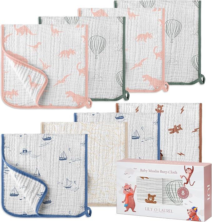 LILY O LAUREL Muslin Burp Cloths, 20"x10"- Pack of 8, 6 Layers Super Soft Absorbent & Breathable 100% Cotton for Baby Drool and Messes, Burp Cloth Baby Boy and Burp Cloths Baby Girl