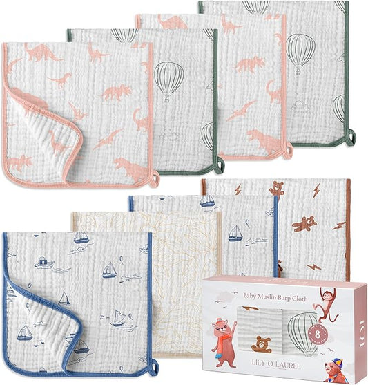 LILY O LAUREL Muslin Burp Cloths, 20"x10"- Pack of 8, 6 Layers Super Soft Absorbent & Breathable 100% Cotton for Baby Drool and Messes, Burp Cloth Baby Boy and Burp Cloths Baby Girl