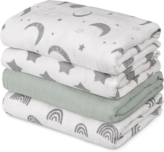 GLLQUEN BABY Muslin Swaddle Blankets 4-Pack Breathable Receiving Blankets (35" x 40") Soft Baby Blankets for Girls and Boys Newborn Essentials Muslin Burp Cloths Swaddle Wrap Baby Gift (Star)