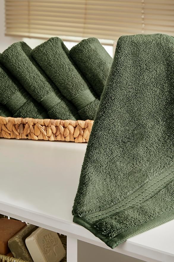 Ozdilek 6-Piece Washcloth Set 13x13 100% Turkish Cotton, 600 GSM, Soft, Gentle on Sensitive Skin, Multi-Purpose Use, Washable, Reusable, Ideal for Baby Care & Spa 6 Towels (Fern Green)
