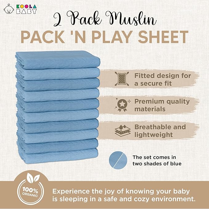 Pack and Play Sheets Fitted - Portable Mini Crib Mattress Sheet for Boys & Girls - Soft Muslin Cotton Playard Sheets - Play Yard Mattress Cover - Fits Most Pack n Play - Safe and Snug for Baby 2 Pack