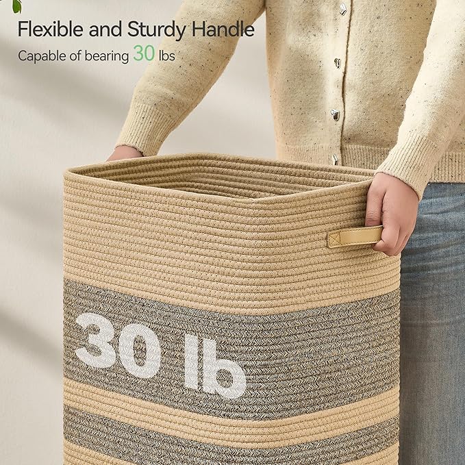 87L Laundry Hamper,Laundry Basket with Leather Handles,Woven Storage Basket for Toys,Pillows,Blankets,Clothes,Dark Brown