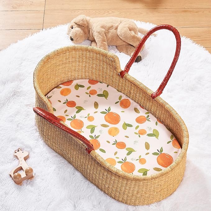TILLYOU Baby Bassinet Sheets for Girls Boys 2 Pack Baby Sheets for Square Rectangle Oval Bassinet Mattress 33X16 Inch, Orange Flavour & Orange