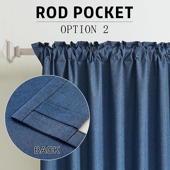 DUALIFE 90 Inch Blackout Blue Curtains Boho, Thermal Insulated Curtains for Summer Heat for Bedroom Living Room Linen Pleated Drapes 90 Inches Long Rod Pocket(50W x 90L x 2 Panels)