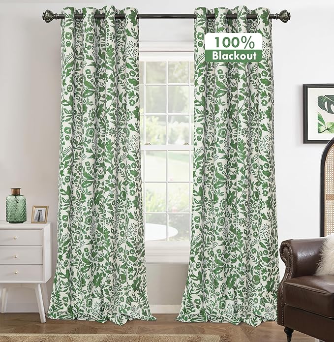 DriftAway Julia Watercolor Blackout Room Darkening Lined Thermal Insulated Energy Saving Window Curtains 2 Layers 2 Panels Each Size 52 Inch by 90 Inch Loden Green