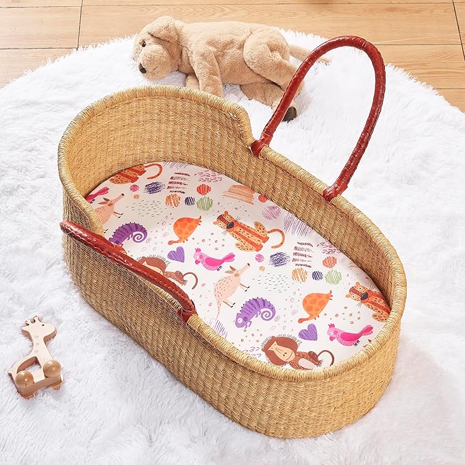 TILLYOU Baby Bassinet Sheets for Girls Boys 2 Pack Baby Sheets for Square Rectangle Oval Bassinet Mattress 33X16 Inch, Animal Graffiti & Dot Printing