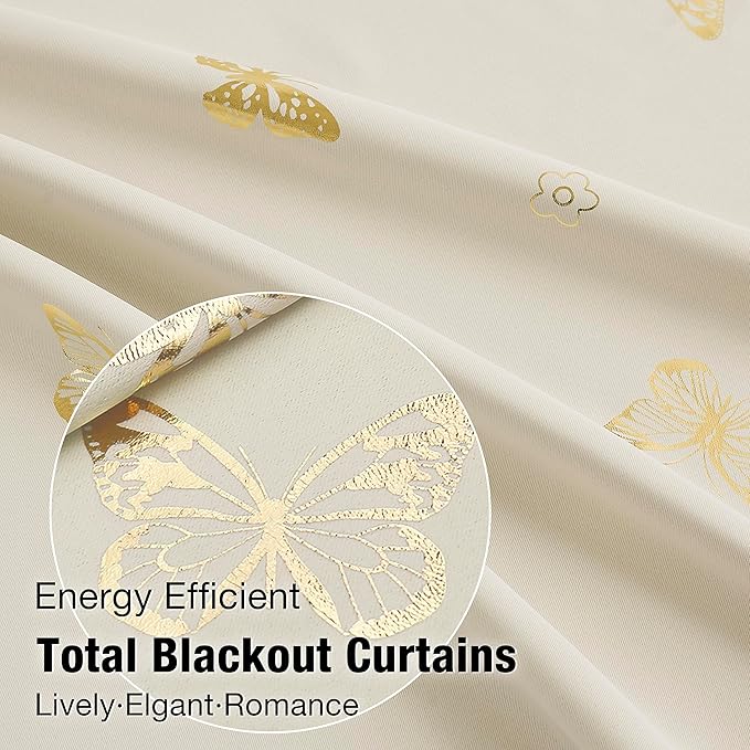 Jubilantex Ivory Gold Butterfly Blackout Curtains 84 Inches Long with Black Layer Thermal Insulated Window Curtains Grommet Top for Bedroom Girls Room