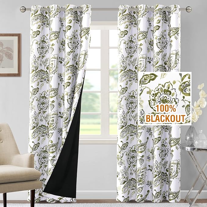 H.VERSAILTEX 100% Blackout Curtains for Bedroom Paisley Floral Printed Curtains 96 Inches Long Grommet Curtains & Drapes Thermal Curtains Window Treatments with Black Liner 2 Panels, Olive