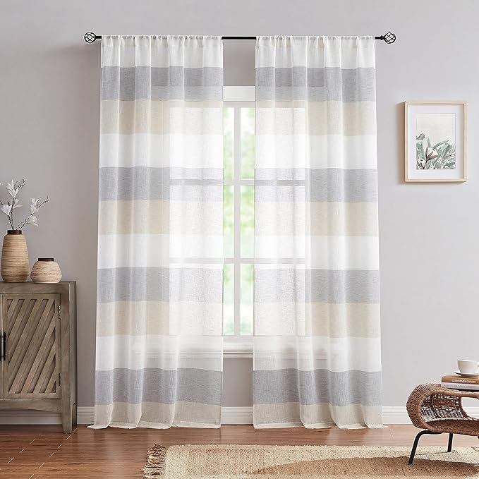 Central Park Gray Tan Stripe Sheer Color Block Window Curtain Panel Linen Window Treatment for Bedroom Living Room Farmhouse 95 inches Long Rod Pocket, 2 Panel Rustic Drapes, 40"x95"x2