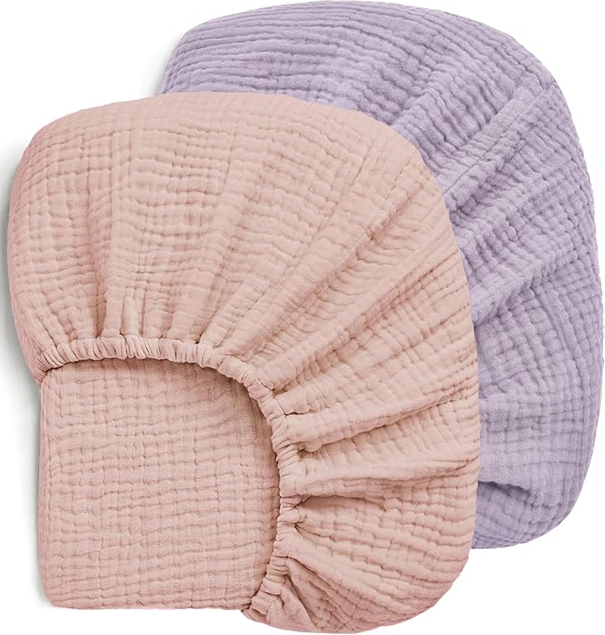 Pro Goleem 2 Pack Muslin Crib Sheets for Girls, Soft Breathable Fitted Cotton Baby Bed Sheets Set for Standard Crib Mattress & Toddler Mattress 52"x28", (Pink＆Purple)