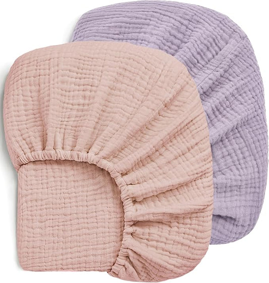 Pro Goleem 2 Pack Muslin Crib Sheets for Girls, Soft Breathable Fitted Cotton Baby Bed Sheets Set for Standard Crib Mattress & Toddler Mattress 52"x28", (Pink＆Purple)