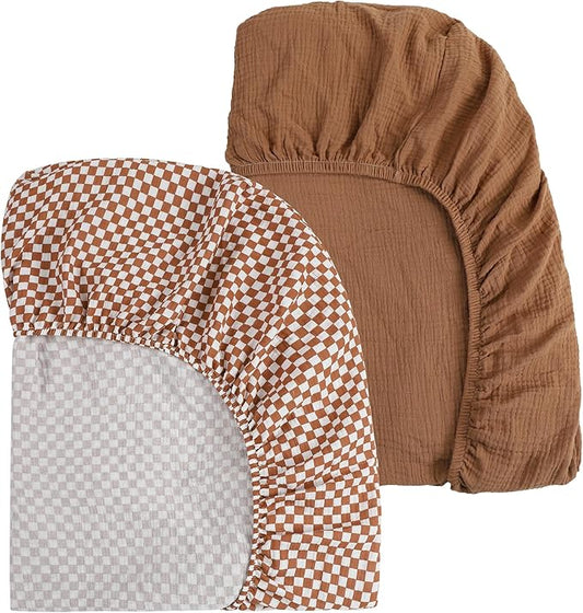 Onacosht Muslin Mini Crib Sheets, 39" x 27" Pack and Play Mattress Sheets Fitted for Pack N Play, Soft Cotton for Boys Girls, 2 Pack, Checker and Brown