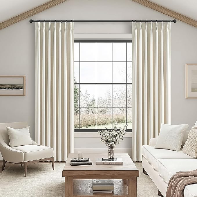 Warm Cream Extra Long Pleated Black Out Curtains 105 Inches Long for Living Room, Natural Linen Blend Patio Door Curtain with Track&Back Tab 2 Panels Set Insulated Privacy Window Drapes (40"Wx105"L）