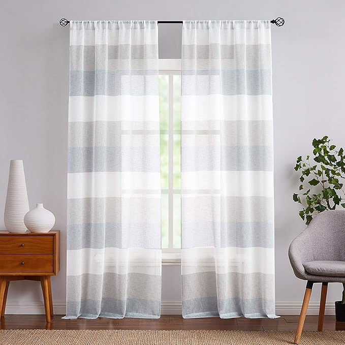 Central Park Gray and Smoke Blue Stripe Sheer Color Block Window Curtain Panel Linen Window Treatment for Bedroom Living Room Farmhouse 63 inches Long Rod Pocket, 2 Panel Rustic Drapes, 40"x63"x2