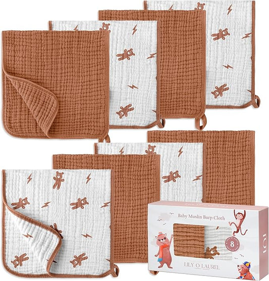 LILY O LAUREL Muslin Burp Cloths, 20"x10"- Pack of 8, 6 Layers Super Soft Absorbent & Breathable 100% Cotton for Baby Drool and Messes, Burp Cloth Baby Boy and Burp Cloths Baby Girl