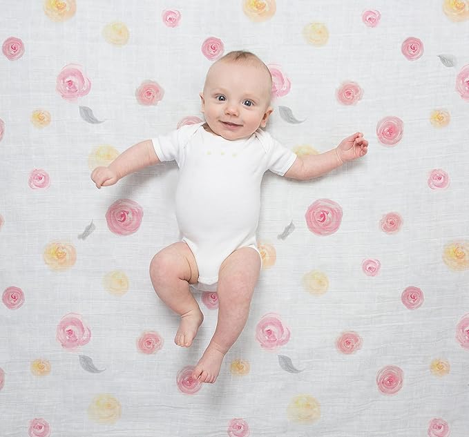 Amazing Baby Cotton Muslin Fitted Crib Sheet, Watercolor Roses, Pink