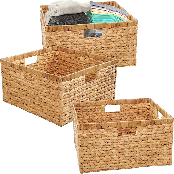 Large 17"x16"x9" (Set of 3) Water Hyacinth Woven Storage Basket – Handmade Natural Wicker Baskets Organizer Bin with Handles for Closet, Shelves, Laundry & Living Room (Natural (3 Pack))