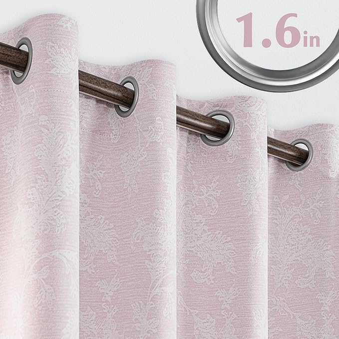 FMFUNCTEX Pink Floral Jacquard Blackout Curtains 108 Inches Long for Bedroom, Scroll Flower Chenille Farmhouse Curtains for Girls Room Darkening Thermal Insulated Grommet Window Drapes 2 Panels