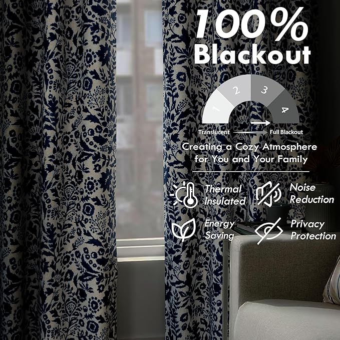 DriftAway Julia Watercolor Blackout Room Darkening Lined Thermal Insulated Energy Saving Window Curtains 2 Layers 2 Panels Each Size 52 Inch by 63 Inch Linen Navy