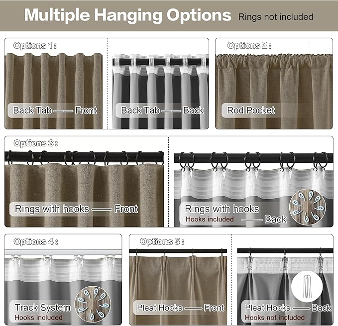 RAIN CITY Extra Wide Blackout Curtains 102 Inches Long 2 Panels Set,70 Inch Wide Back Tab Pleated Curtains with Hooks Track System,Energy Efficinet Drapes for Living Room Farm 70x102,Linen Brown