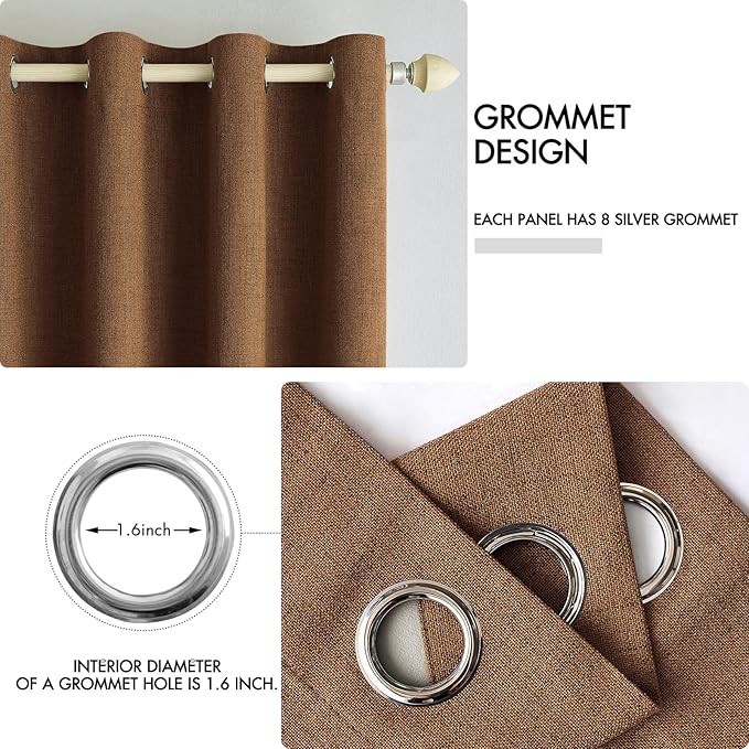MIULEE 100% Blackout Linen Curtains for Bedroom Thermal Insulated Brown Grommet Room Darkening Curtains & Drapes Fall Decor for Living Room Nursery 52 x 84 Inch (2 Panels)