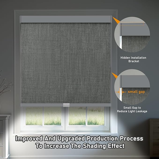 AOSKY Linen Roller Blinds Shades for Indoor Windows Pull Down Cordless Blackout Black Out Window Shade 34 Inch Blinds for Home Dark Grey