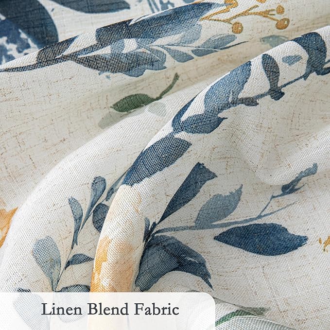 MYSKY HOME Linen Floral Curtains 95 Inch Length 2 Panels Set Semi Sheer Natural Modern Flower Printed Light Filtering French Country Window Curtain for Dining Room, Yellow and Blue, 50" W Each Panel