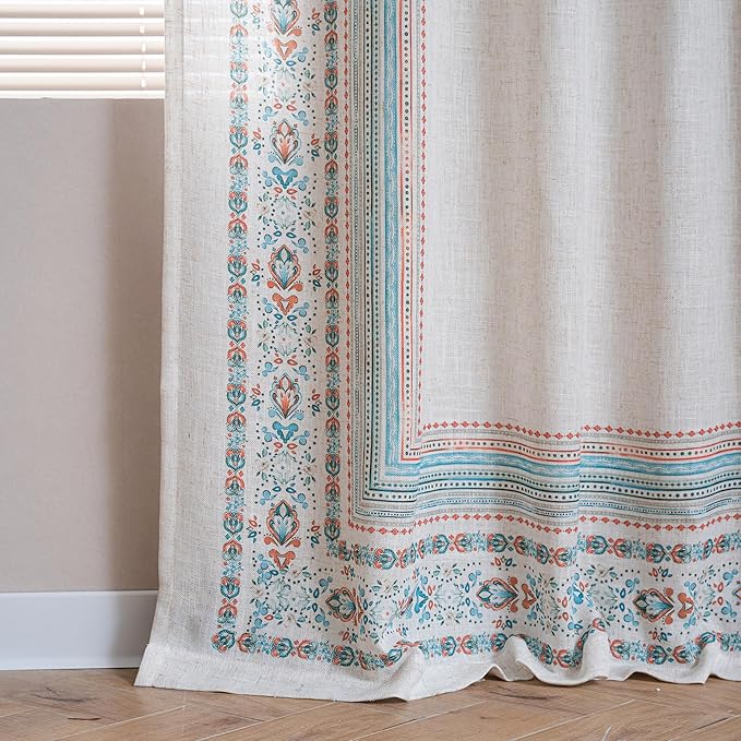 MYSKY HOME Boho Curtains & Drapes Sheer Linen Look Window Curtains 95 inches Long Light Filtering Privacy Protect Damask Pattern Decoration Texture Soft Touch Back Tab, 50" x 95", Teal, 2 Panels