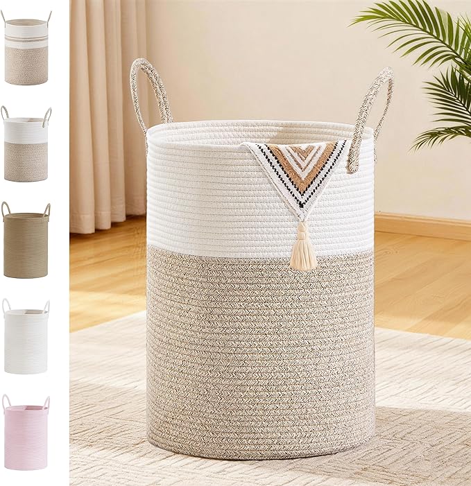 Tall Laundry Basket with Handles, 58L Portable Dirty Clothes Hamper, Boho Cotton Rope Storage Bin for Blankets Kids Toys Gifts, Decorative Organizer for Baby Nursery Bedroom Bathroom, Brown